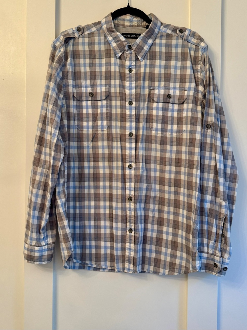 DKNY Men's Plaid Button-Down Shirt in Brown, Blue & White